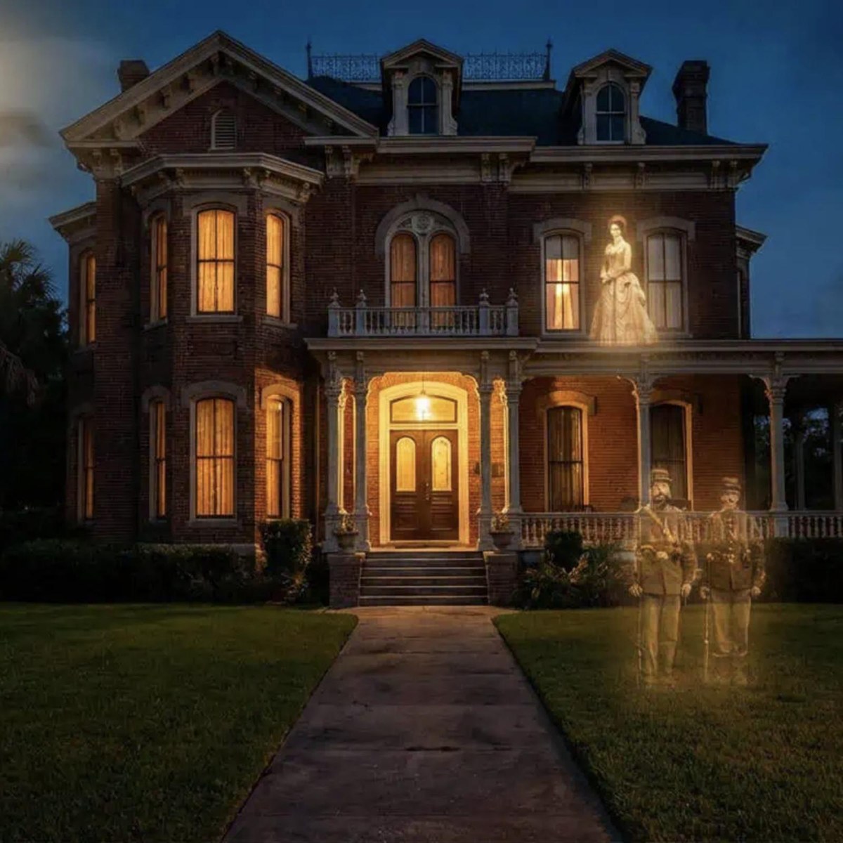 Ashton Villa in Galveston at night with ghostly figures on the lawn